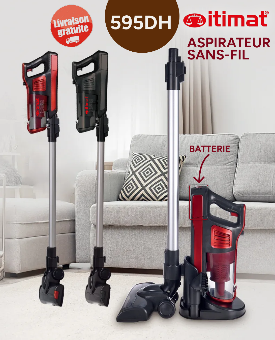 Aspirateur ITIMAT 2000W Sans Fil Rechargeable | Haute Puissance et LED Intégrée