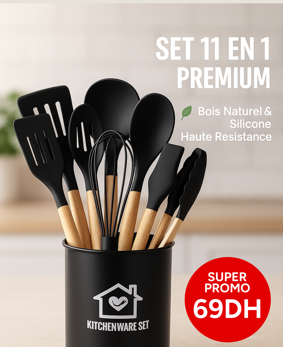 🖤 SET 11 EN 1 – USTENSILES DE CUISINE SILICONE & BOIS 🍳