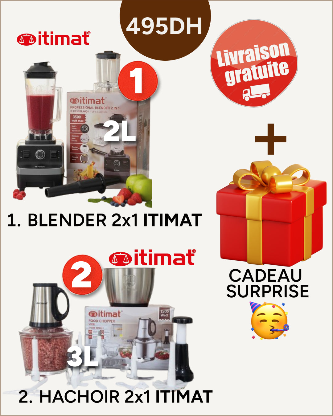 PACK ITIMAT 2 EN 1 – BLENDER + HACHOIR + CADEAU SURPRISE 🎁 | LIVRAISON GRATUITE
